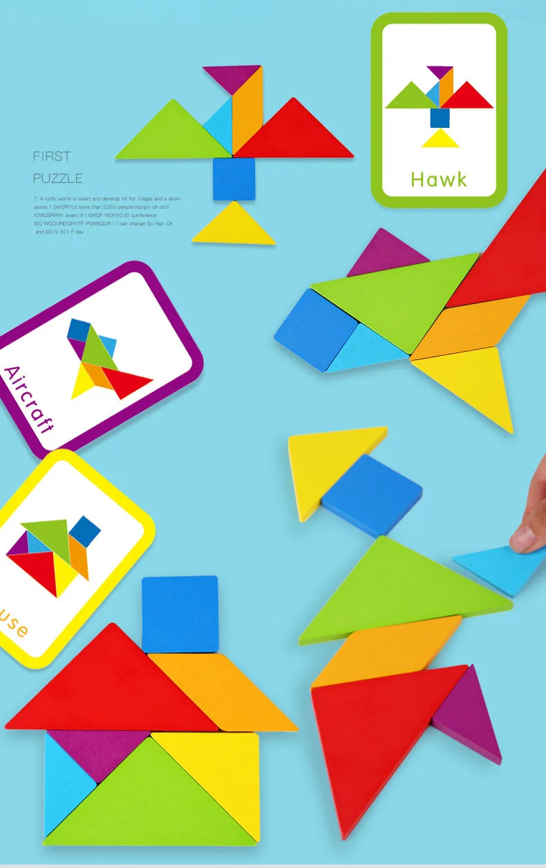 Wooden Tangram Jigsaw Puzzles Board Games Kids Montessori Educational Toys Children Kindergarten Geometric Shape Teaching Aids