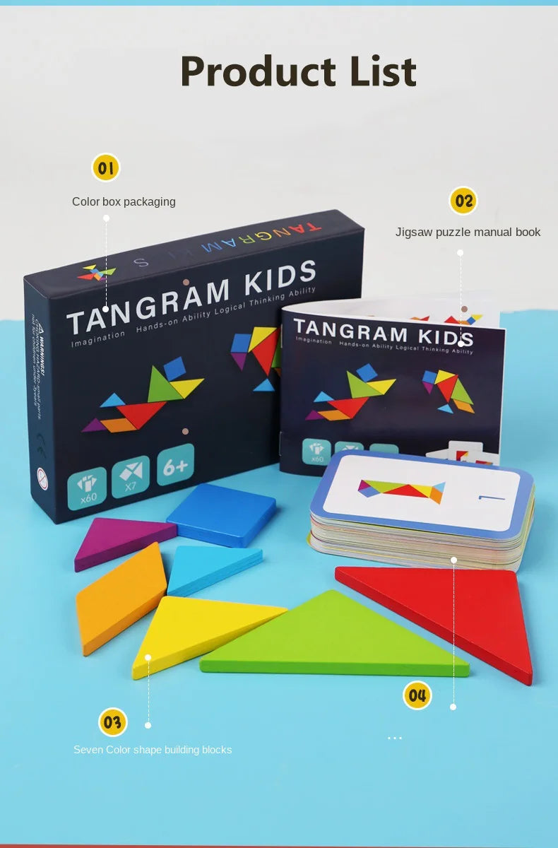 Wooden Tangram Jigsaw Puzzles Board Games Kids Montessori Educational Toys Children Kindergarten Geometric Shape Teaching Aids