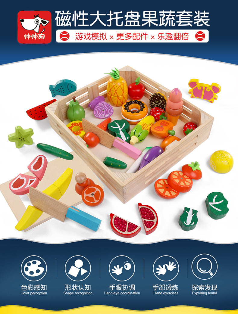 Chesele Children's Educational Toys 4-6 Wooden Fun Early Education Kitchen Simulation Play-in Magnetic Fruits and Vegetables