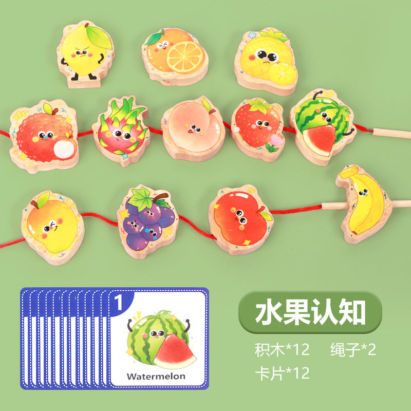 Children's Wooden Early Education Enlightenment Colorful Stringing Beads and Rope Toys for Logical Thinking Training, Fruit Cognition, Educational and Fun Toys