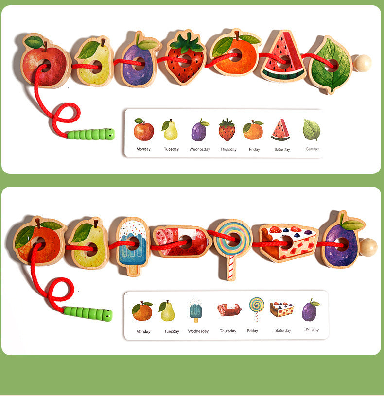 Children's Wooden Early Education Enlightenment Colorful Stringing Beads and Rope Toys for Logical Thinking Training, Fruit Cognition, Educational and Fun Toys