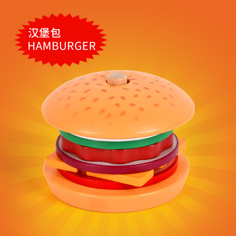 Children's Artificial Wooden Playhouse Hamburger Fries Sandwich Set Column Matching Educational Food Cutting and Assembling Toy
