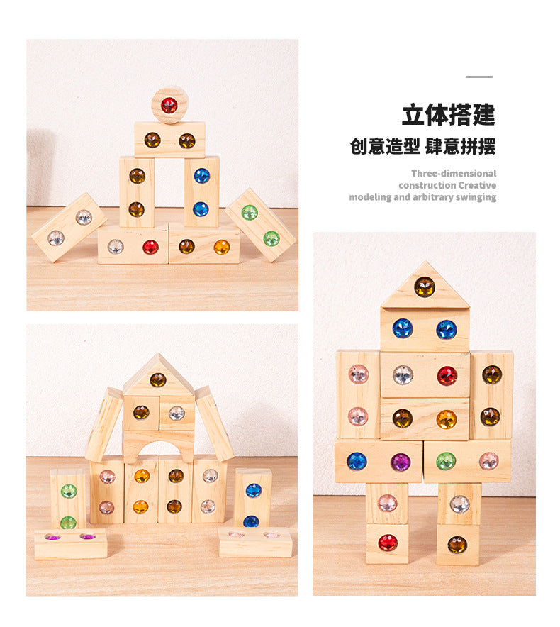 Children's Wooden Acrylic Pine Gem Building Blocks Desktop Color Sensory Visual Assembled Building Intelligence Toys
