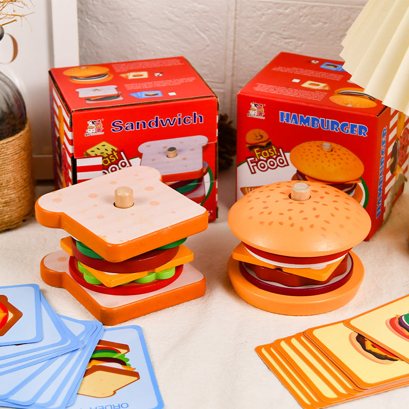 Children's Artificial Wooden Playhouse Hamburger Fries Sandwich Set Column Matching Educational Food Cutting and Assembling Toy