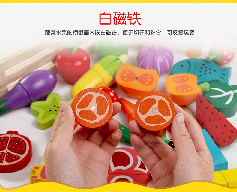 Chesele Children's Educational Toys 4-6 Wooden Fun Early Education Kitchen Simulation Play-in Magnetic Fruits and Vegetables