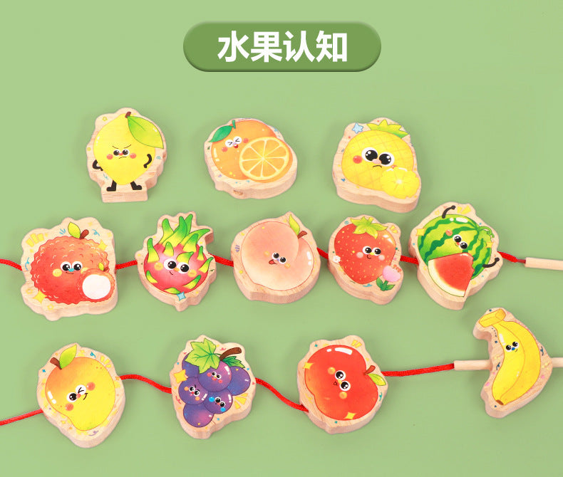 Children's Wooden Early Education Enlightenment Colorful Stringing Beads and Rope Toys for Logical Thinking Training, Fruit Cognition, Educational and Fun Toys