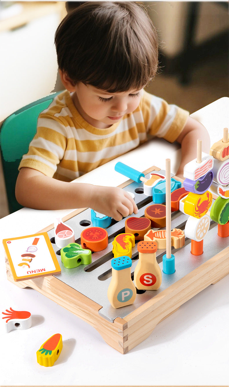 Cross-Border Young Children's Fun Wooden Multi-Functional Simulation Kitchen Barbecue Grill Educational Toys Parent-Child Interactive Play House
