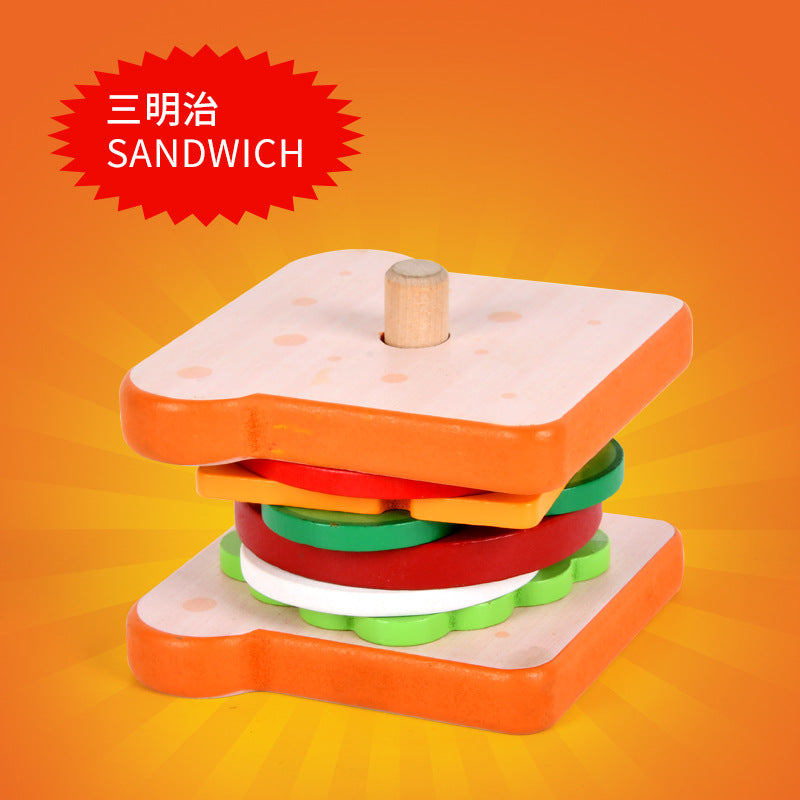 Children's Artificial Wooden Playhouse Hamburger Fries Sandwich Set Column Matching Educational Food Cutting and Assembling Toy