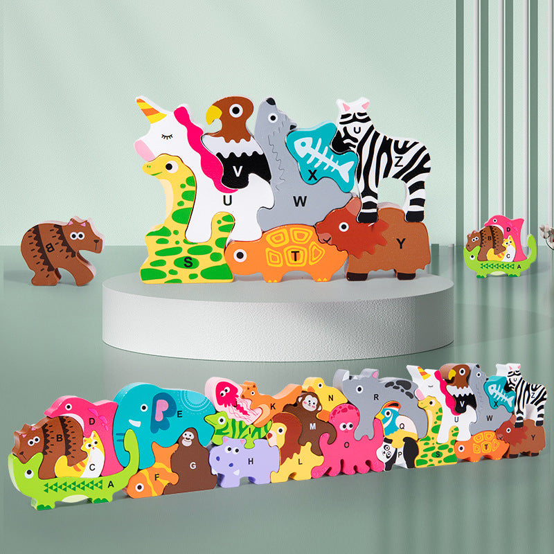 Animal Stacked High Building Blocks Children's Wooden Toys Baby Early Education Educational Puzzle Infant Enlightenment Cognitive Alphabet Puzzle