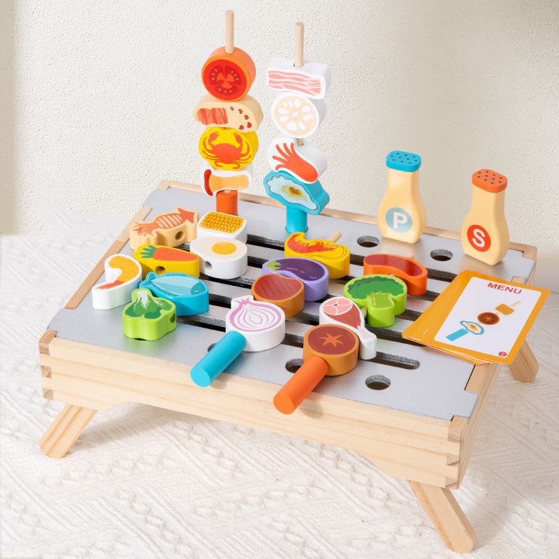 Cross-Border Young Children's Fun Wooden Multi-Functional Simulation Kitchen Barbecue Grill Educational Toys Parent-Child Interactive Play House