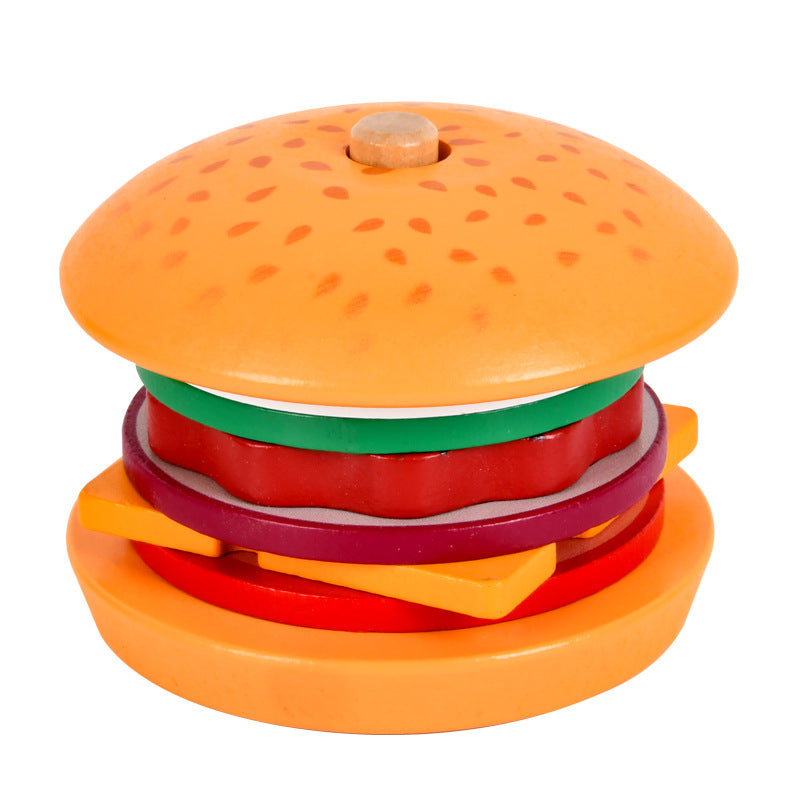 Children's Artificial Wooden Playhouse Hamburger Fries Sandwich Set Column Matching Educational Food Cutting and Assembling Toy