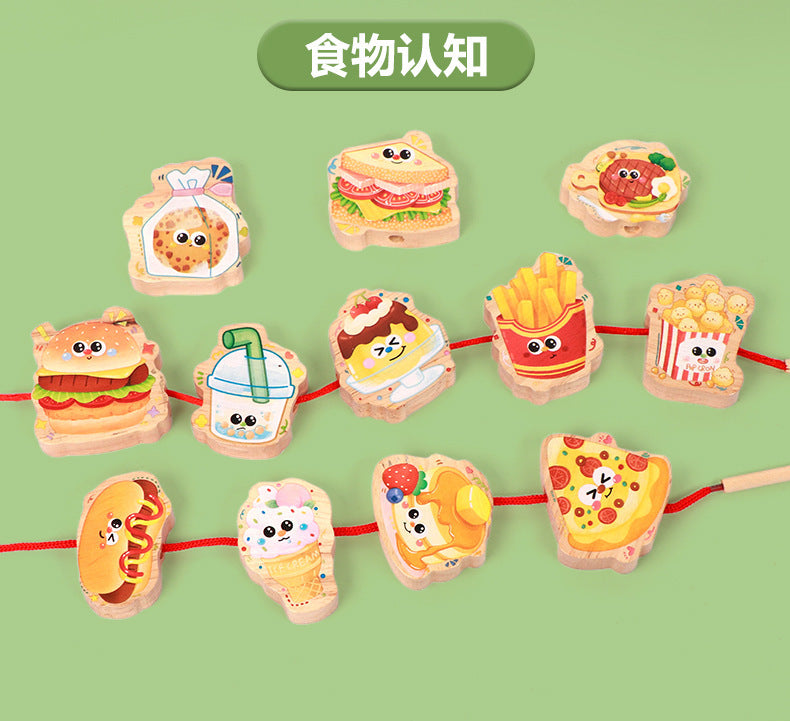 Children's Wooden Early Education Enlightenment Colorful Stringing Beads and Rope Toys for Logical Thinking Training, Fruit Cognition, Educational and Fun Toys