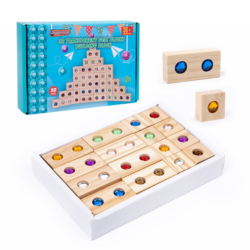 Children's Wooden Acrylic Pine Gem Building Blocks Desktop Color Sensory Visual Assembled Building Intelligence Toys