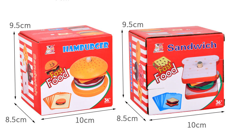 Children's Artificial Wooden Playhouse Hamburger Fries Sandwich Set Column Matching Educational Food Cutting and Assembling Toy