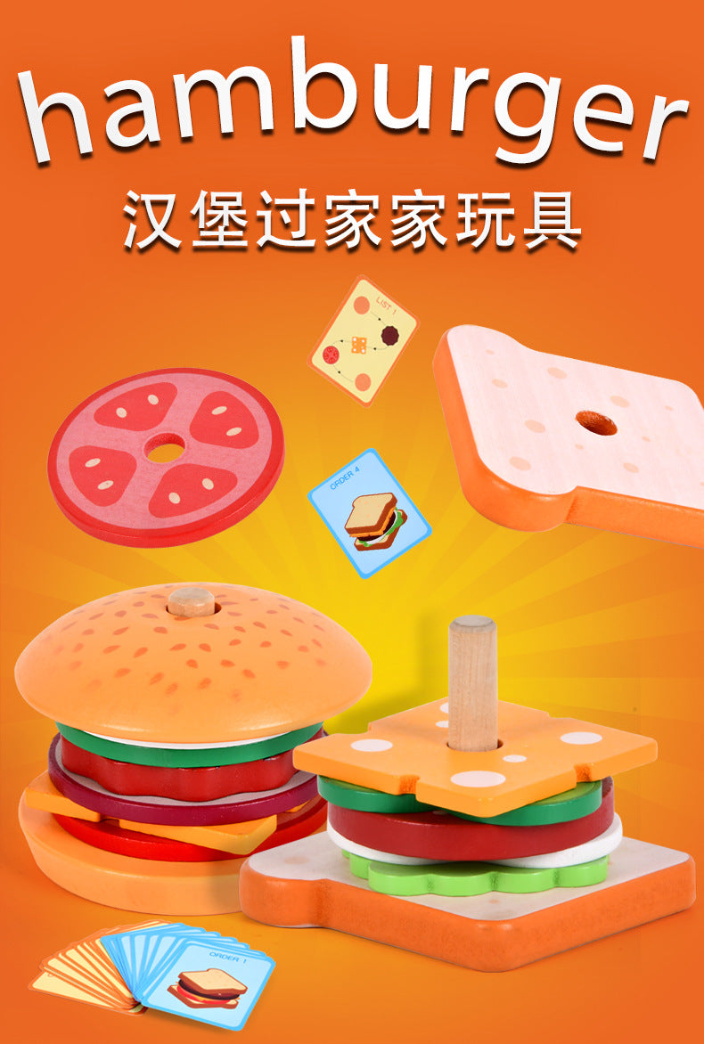 Children's Artificial Wooden Playhouse Hamburger Fries Sandwich Set Column Matching Educational Food Cutting and Assembling Toy