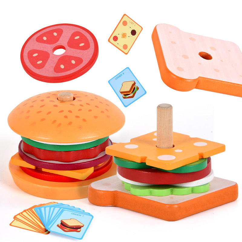 Children's Artificial Wooden Playhouse Hamburger Fries Sandwich Set Column Matching Educational Food Cutting and Assembling Toy