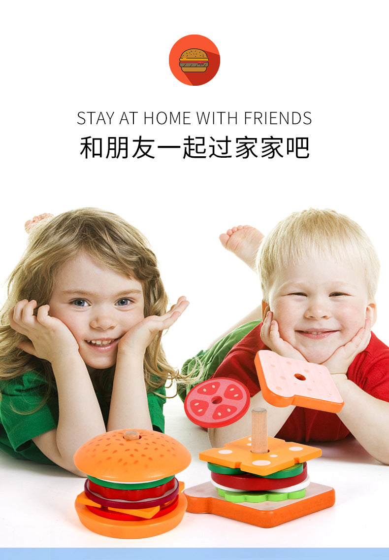 Children's Artificial Wooden Playhouse Hamburger Fries Sandwich Set Column Matching Educational Food Cutting and Assembling Toy