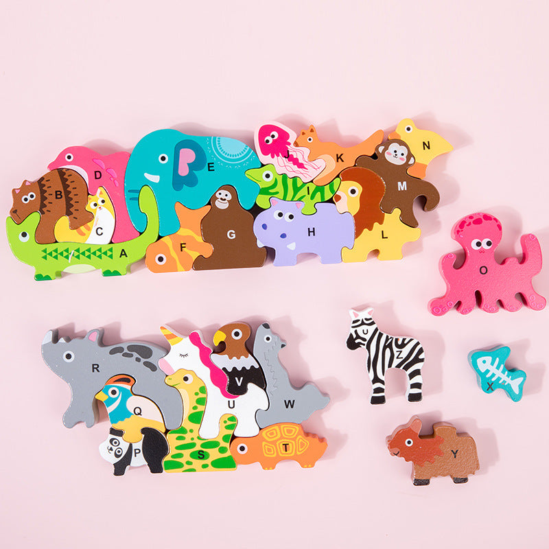 Animal Stacked High Building Blocks Children's Wooden Toys Baby Early Education Educational Puzzle Infant Enlightenment Cognitive Alphabet Puzzle