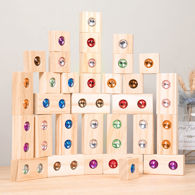 Children's Wooden Acrylic Pine Gem Building Blocks Desktop Color Sensory Visual Assembled Building Intelligence Toys