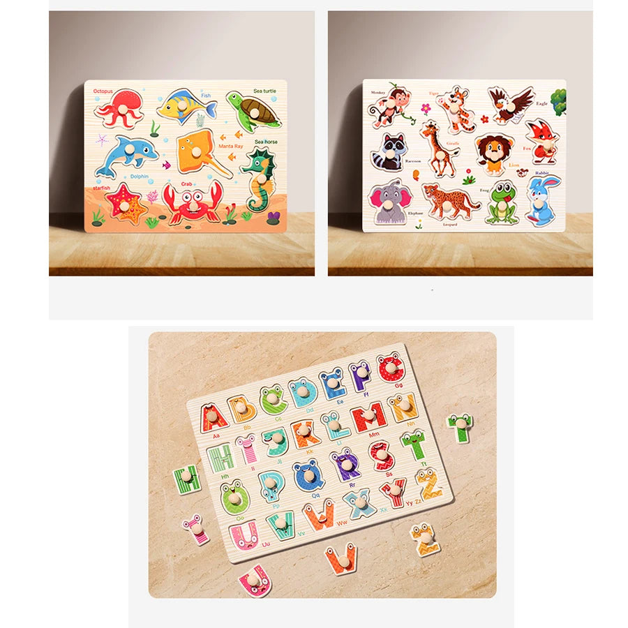 Montessori Wooden Puzzles Hand Grab Boards Toys Tangram Jigsaw Baby Educational Toys Cartoon Vehicle Animals Fruits 3D Puzzles
