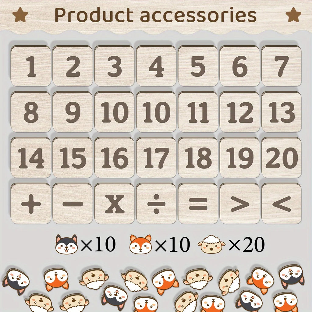 Wooden Math Arithmetic Board Tray Set Number Blocks & Counting Animals Board Game Early Educational Kindergarten Toy for Toddler