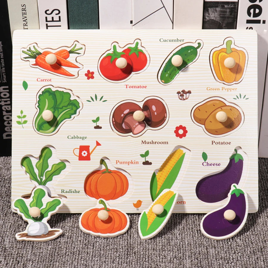 Montessori Wooden Puzzles Hand Grab Boards Toys Tangram Jigsaw Baby Educational Toys Cartoon Vehicle Animals Fruits 3D Puzzles