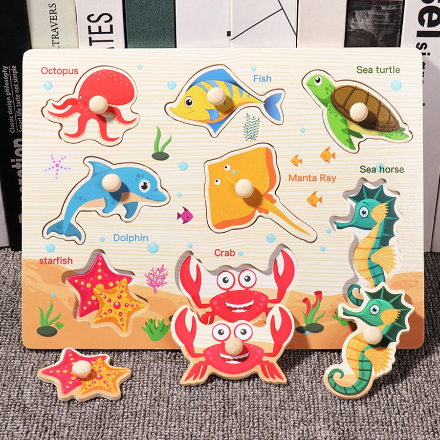 Montessori Wooden Puzzles Hand Grab Boards Toys Tangram Jigsaw Baby Educational Toys Cartoon Vehicle Animals Fruits 3D Puzzles