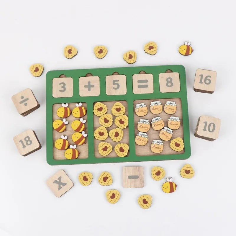 Wooden Math Arithmetic Board Tray Set Number Blocks & Counting Animals Board Game Early Educational Kindergarten Toy for Toddler