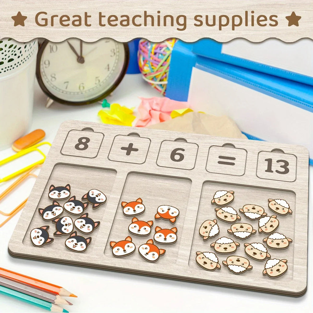 Wooden Math Arithmetic Board Tray Set Number Blocks & Counting Animals Board Game Early Educational Kindergarten Toy for Toddler