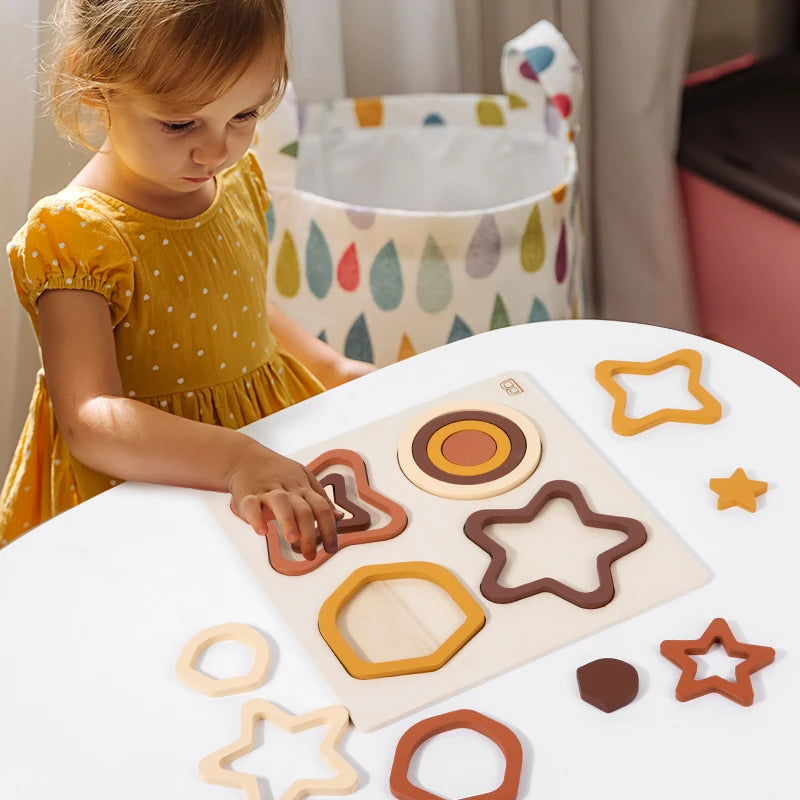 Educational Wooden Geometric Shapes Game Montessori Learning Math Jigsaw Puzzle Board for Kids Sorting Stacking Cognition Toys