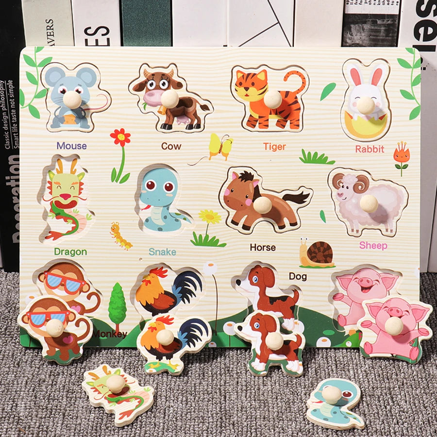 Montessori Wooden Puzzles Hand Grab Boards Toys Tangram Jigsaw Baby Educational Toys Cartoon Vehicle Animals Fruits 3D Puzzles