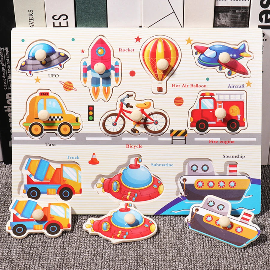 Montessori Wooden Puzzles Hand Grab Boards Toys Tangram Jigsaw Baby Educational Toys Cartoon Vehicle Animals Fruits 3D Puzzles