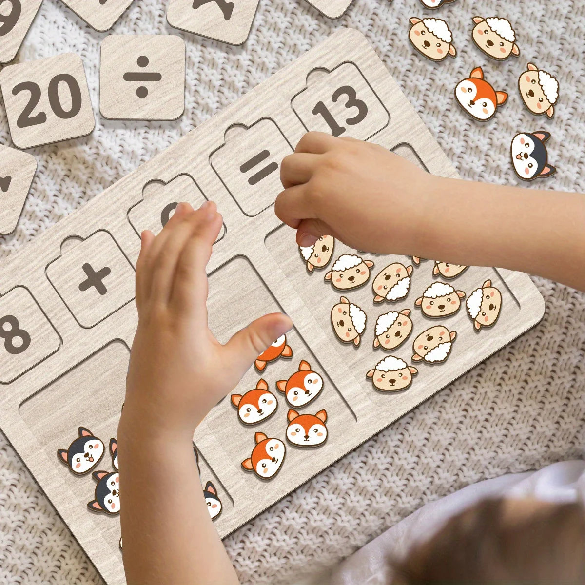 Wooden Math Arithmetic Board Tray Set Number Blocks & Counting Animals Board Game Early Educational Kindergarten Toy for Toddler