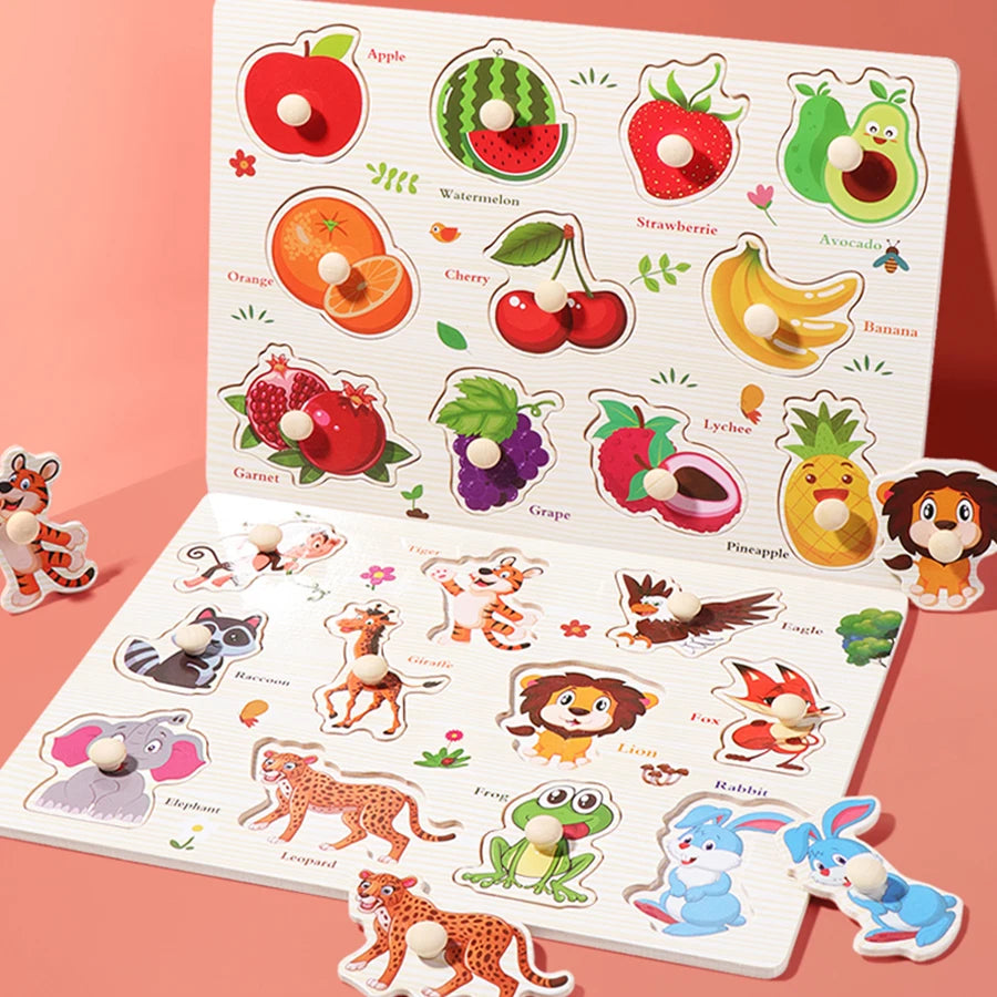 Montessori Wooden Puzzles Hand Grab Boards Toys Tangram Jigsaw Baby Educational Toys Cartoon Vehicle Animals Fruits 3D Puzzles