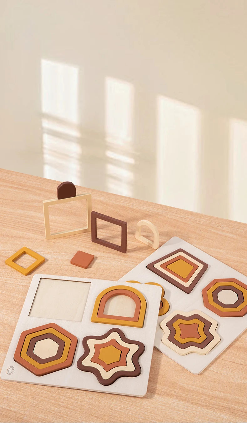 Educational Wooden Geometric Shapes Game Montessori Learning Math Jigsaw Puzzle Board for Kids Sorting Stacking Cognition Toys