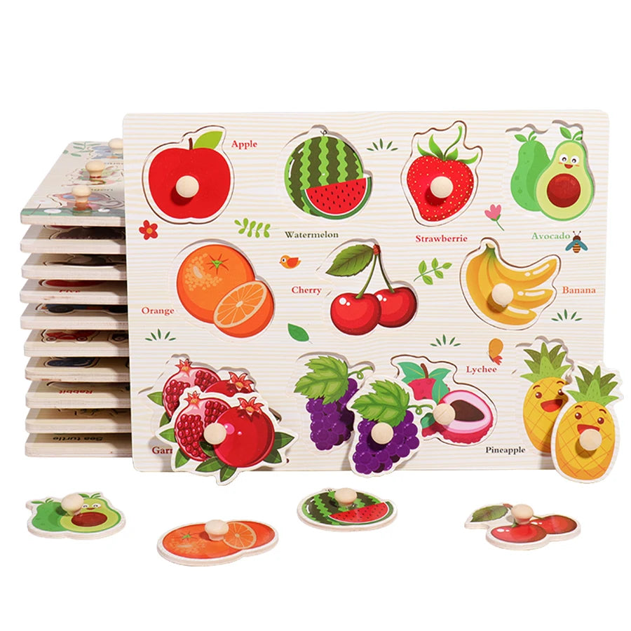 Montessori Wooden Puzzles Hand Grab Boards Toys Tangram Jigsaw Baby Educational Toys Cartoon Vehicle Animals Fruits 3D Puzzles