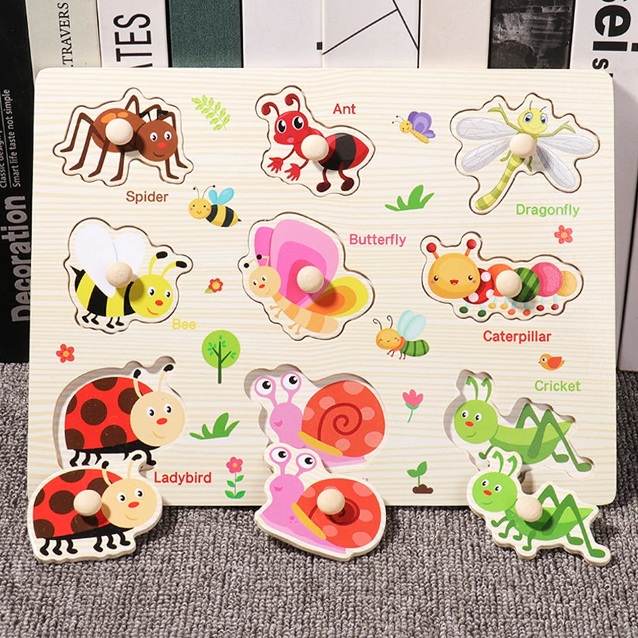 Montessori Wooden Puzzles Hand Grab Boards Toys Tangram Jigsaw Baby Educational Toys Cartoon Vehicle Animals Fruits 3D Puzzles