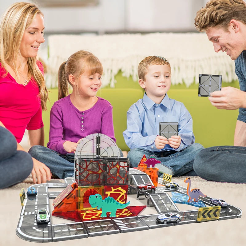 Magnetic Tiles Road Set with Pullback Car Magnet Building Tile Creative STEM Building Toy Learning Educational Toy for Kids Gift