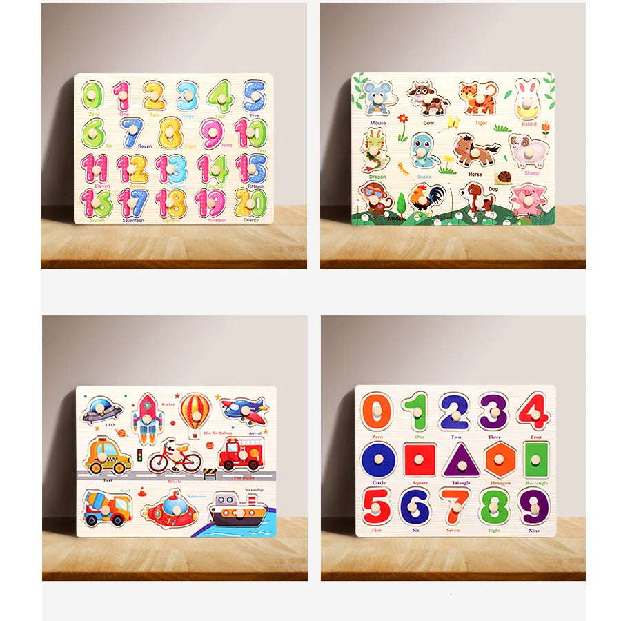 Montessori Wooden Puzzles Hand Grab Boards Toys Tangram Jigsaw Baby Educational Toys Cartoon Vehicle Animals Fruits 3D Puzzles