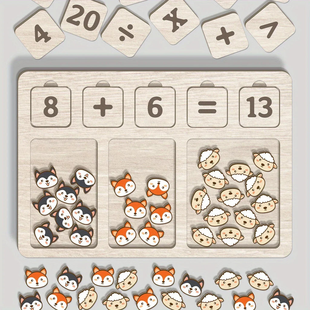 Wooden Math Arithmetic Board Tray Set Number Blocks & Counting Animals Board Game Early Educational Kindergarten Toy for Toddler