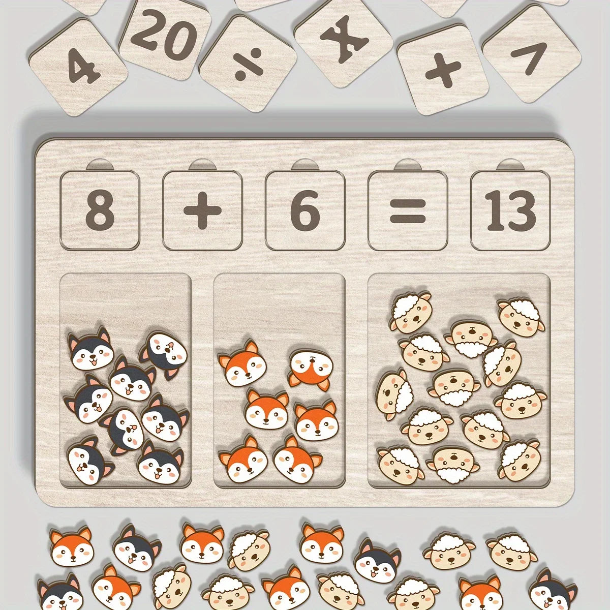Wooden Math Arithmetic Board Tray Set Number Blocks & Counting Animals Board Game Early Educational Kindergarten Toy for Toddler
