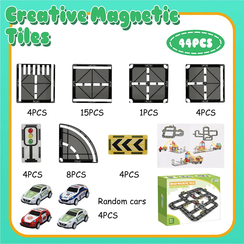 Magnetic Tiles Road Set with Pullback Car Magnet Building Tile Creative STEM Building Toy Learning Educational Toy for Kids Gift