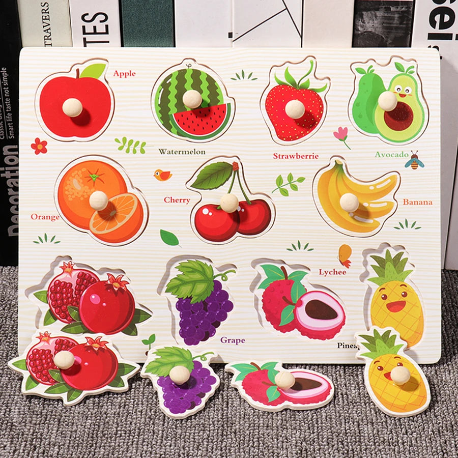 Montessori Wooden Puzzles Hand Grab Boards Toys Tangram Jigsaw Baby Educational Toys Cartoon Vehicle Animals Fruits 3D Puzzles