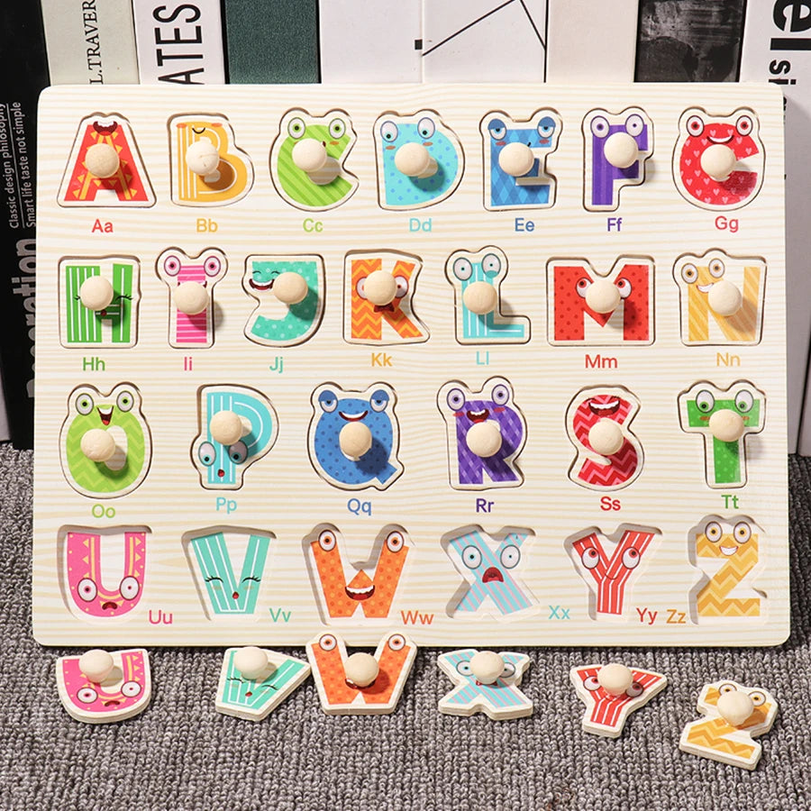 Montessori Wooden Puzzles Hand Grab Boards Toys Tangram Jigsaw Baby Educational Toys Cartoon Vehicle Animals Fruits 3D Puzzles