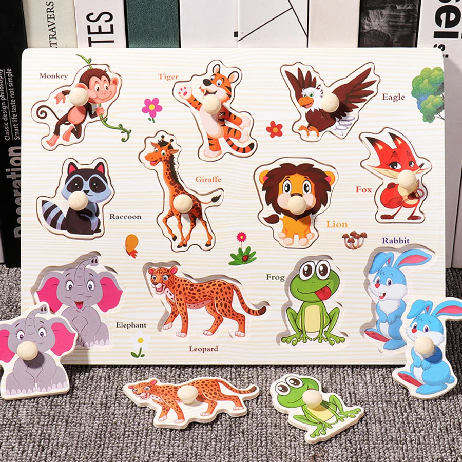 Montessori Wooden Puzzles Hand Grab Boards Toys Tangram Jigsaw Baby Educational Toys Cartoon Vehicle Animals Fruits 3D Puzzles
