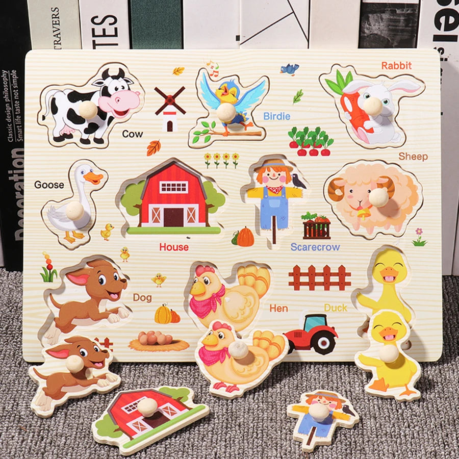Montessori Wooden Puzzles Hand Grab Boards Toys Tangram Jigsaw Baby Educational Toys Cartoon Vehicle Animals Fruits 3D Puzzles