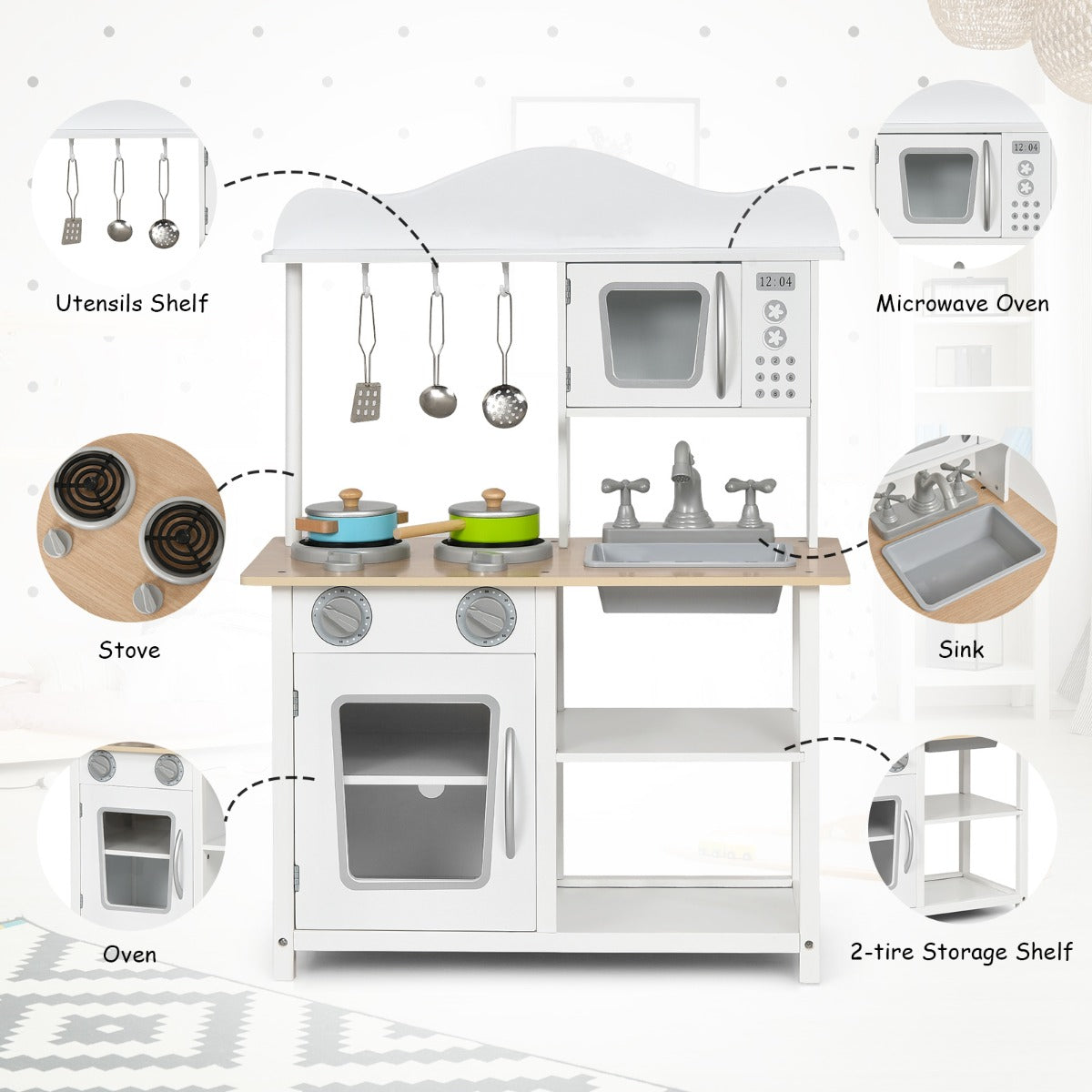 NNECW Educational Kids Play Kitchen with Pretend Play Cooking Set for Kids Toddlers
