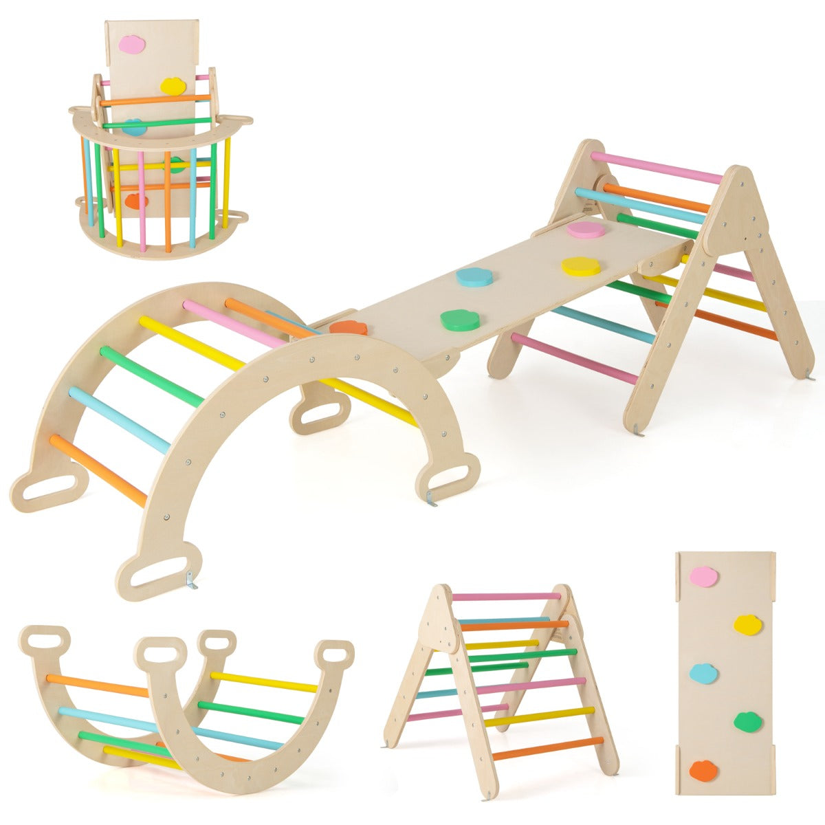 NNECW 7-in-1 Wood Triangle Climbing Toys for Toddlers-Multicolour