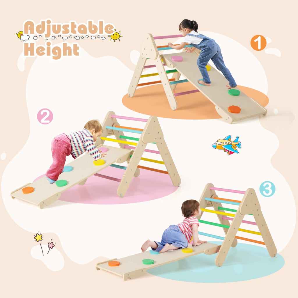 NNECW 7-in-1 Wood Triangle Climbing Toys for Toddlers-Multicolour