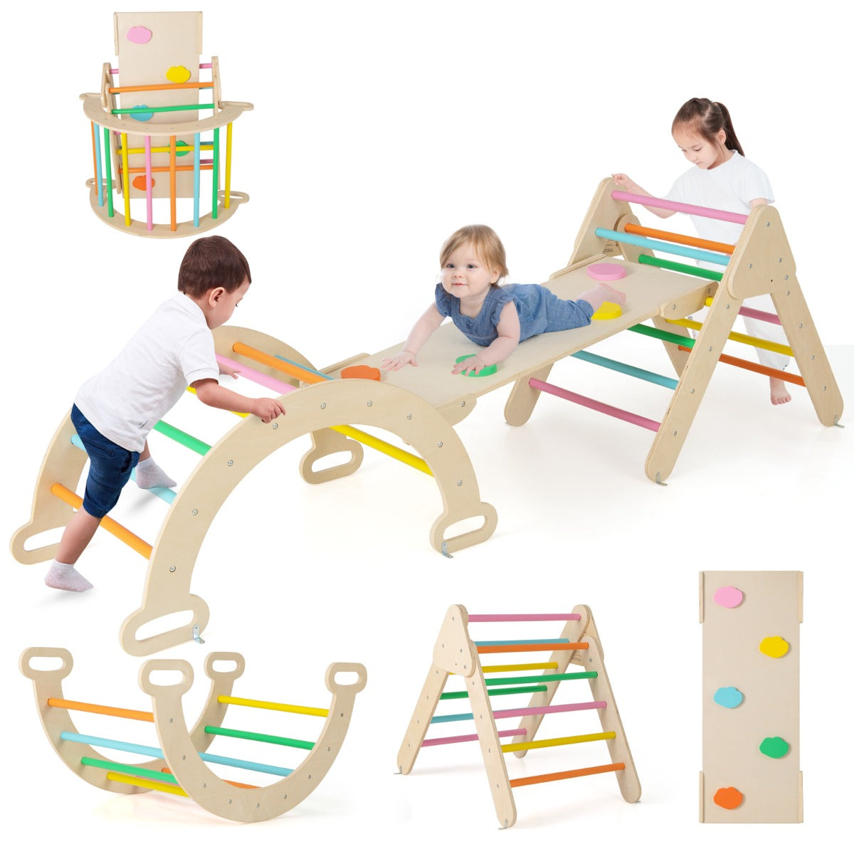NNECW 7-in-1 Wood Triangle Climbing Toys for Toddlers-Multicolour